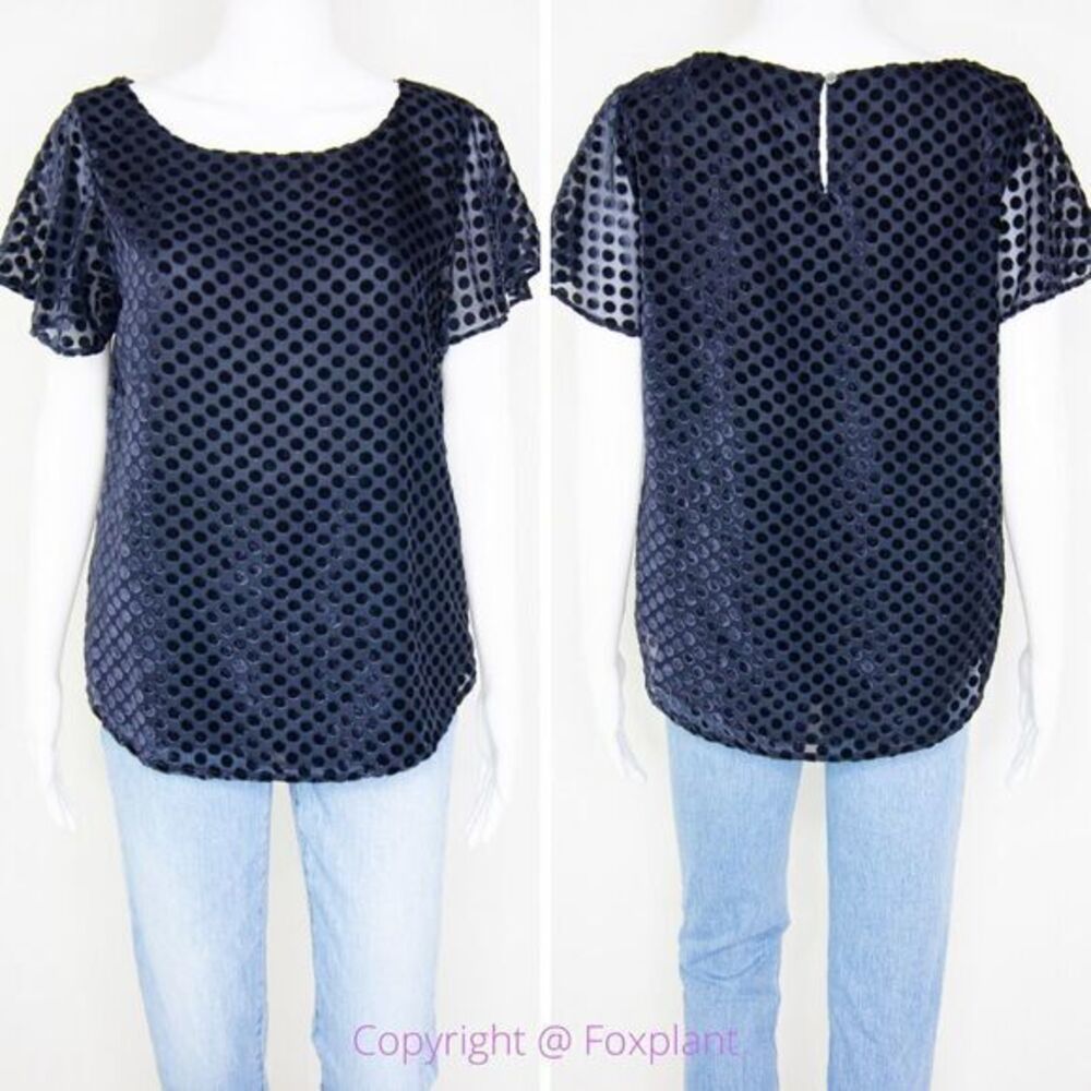 Loft flutter-sleeve navy blue top with dots keyhole‎ back, women size S